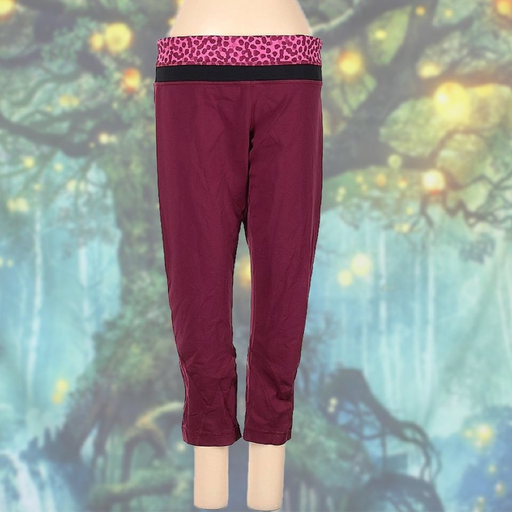 lululemon athletica Plum Capri Leggings with Pink Leopard Waistband